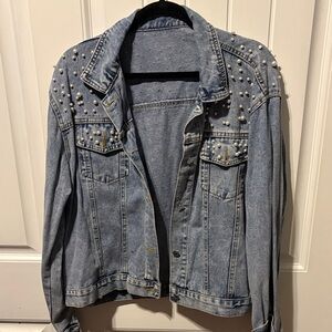 Stylish Pearl Studded Blue Denim Jacket